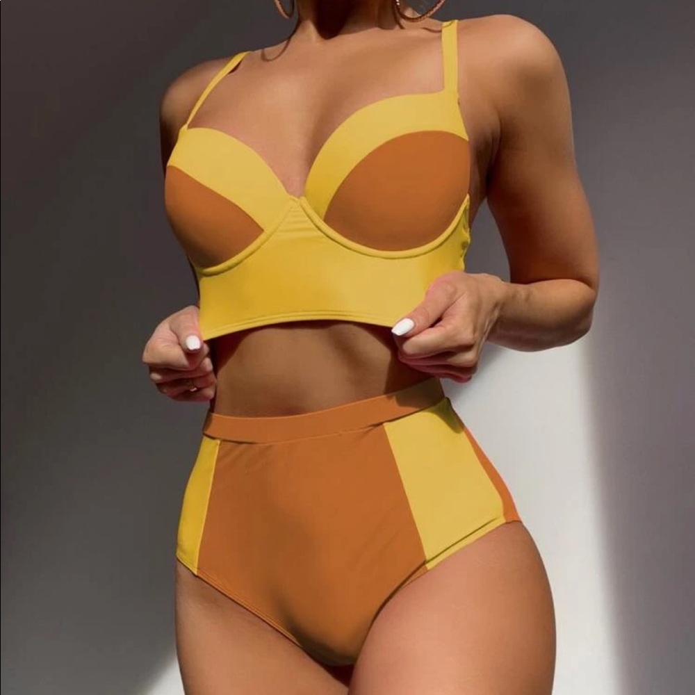 NWOT Color Block SHEIN High Waist Bikini w/ Hygiene Seal Large Mustard